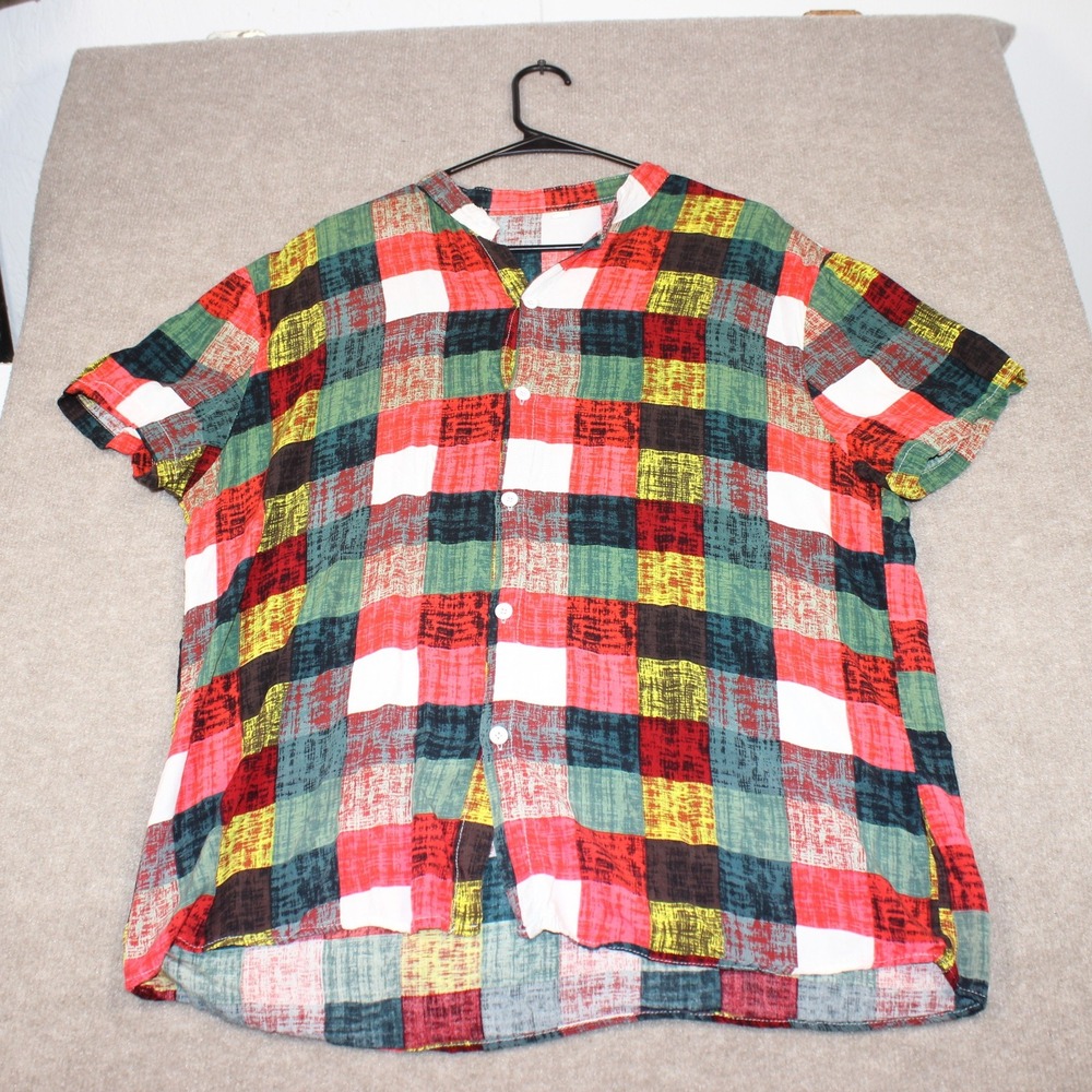 Women XXL Multi Color Plaid Band Collar Short Sleeve Viscose Button Down Top